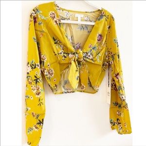 Leith yellow floral front tie top